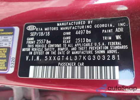 2019 Kia Optima S from USA, damaged, VIN 5XXGT4L37KG303281